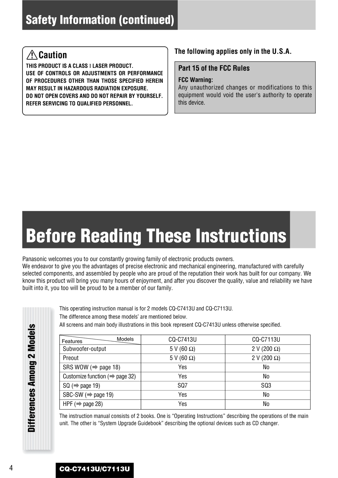 Panasonic CQ-C7413U, C7113U operating instructions Before Reading These Instructions, Safety Information, FCC Warning 