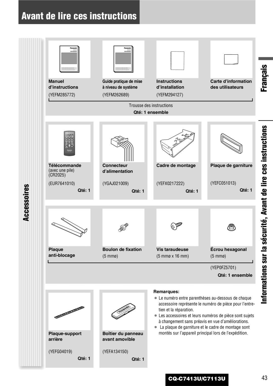 Panasonic C7113U Avant de lire ces instructions, Accessoires, Manuel d’instructions, Guide pratique de mise Instructions 