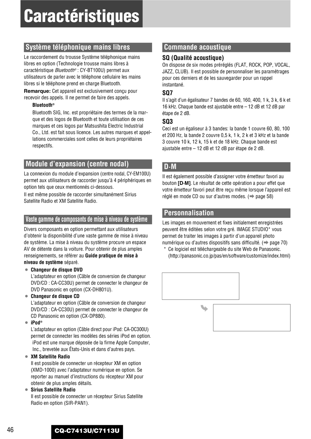 Panasonic CQ-C7413U, C7113U Caractéristiques, Système téléphonique mains libres, Commande acoustique, Personnalisation 