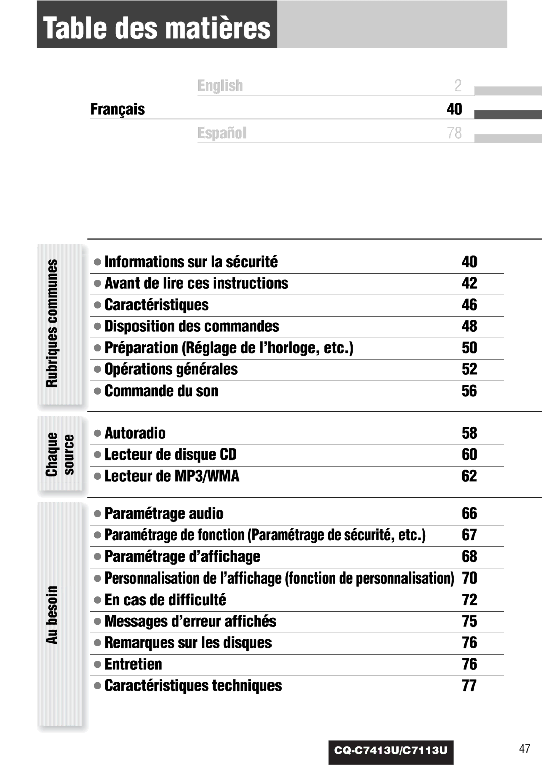 Panasonic C7113U, CQ-C7413U operating instructions Table des matières, Rubriques communes Chaque Source Au besoin 