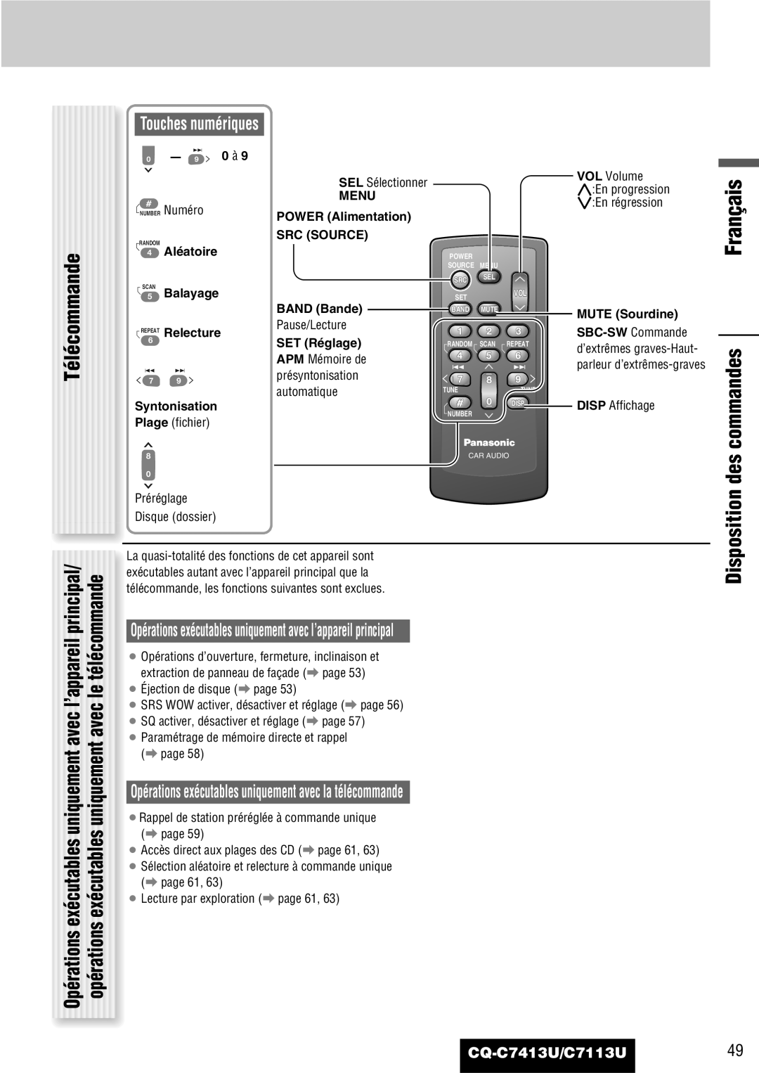 Panasonic C7113U, CQ-C7413U operating instructions Télécommande, Disposition des commandes, Touches numériques 