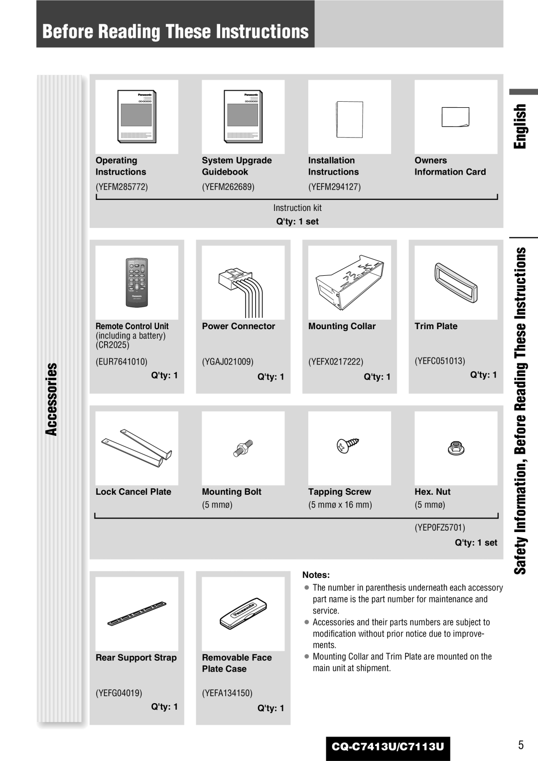 Panasonic C7113U, CQ-C7413U operating instructions Before Reading These Instructions, Accessories, Safety 