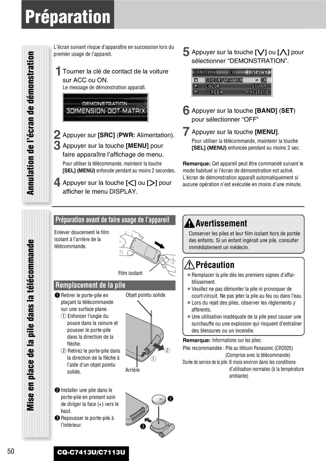 Panasonic CQ-C7413U, C7113U Préparation, Avertissement Télécommande, Annulation de l’écran de démonstration 