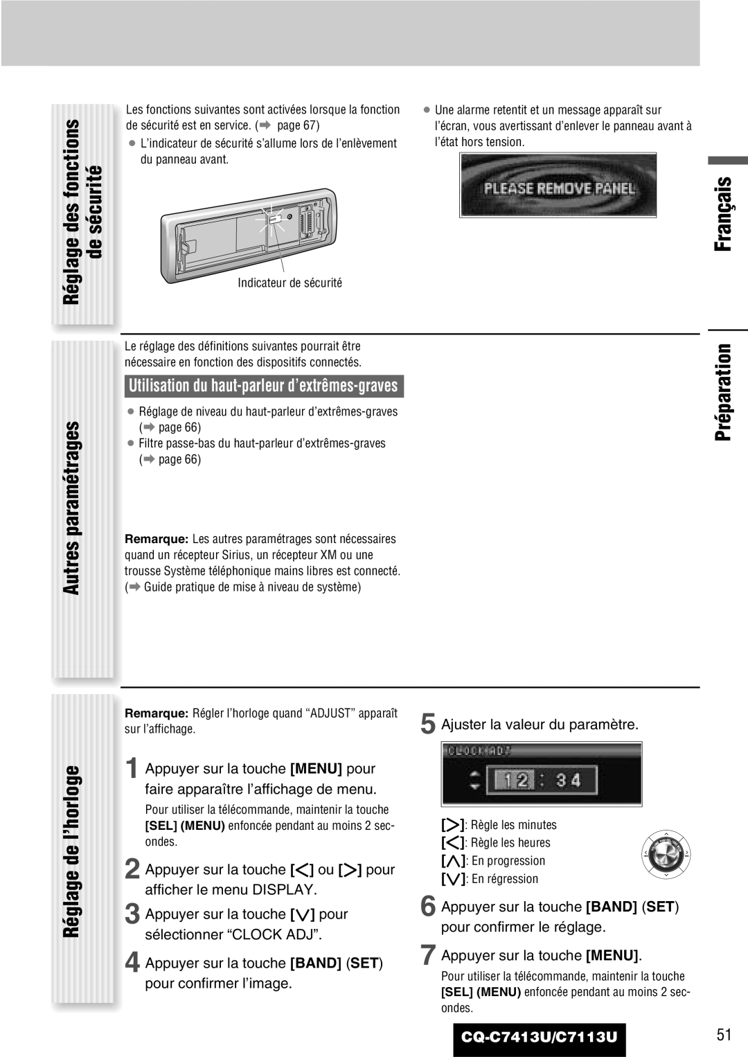 Panasonic C7113U, CQ-C7413U operating instructions Des fonctions Sécurité, Autres paramétrages, Préparation, Réglage 