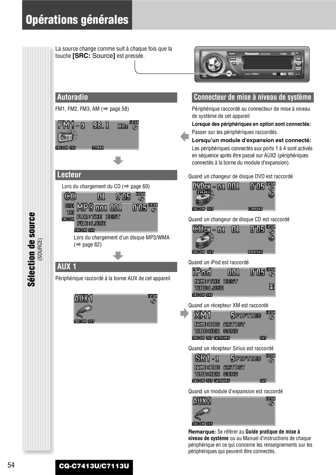 Panasonic CQ-C7413U, C7113U Opérations générales, Autoradio, Lecteur, Lorsqu’un module d’expansion est connecté 