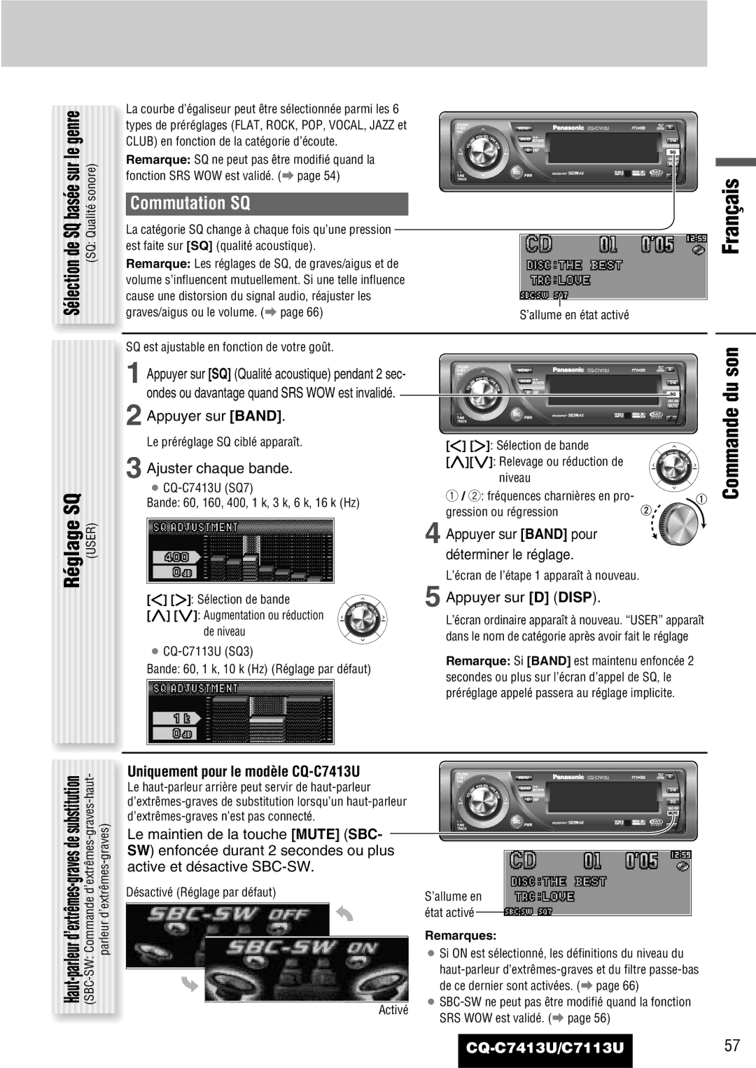 Panasonic C7113U, CQ-C7413U operating instructions Commande du son, Commutation SQ, SQ basée sur le genre 