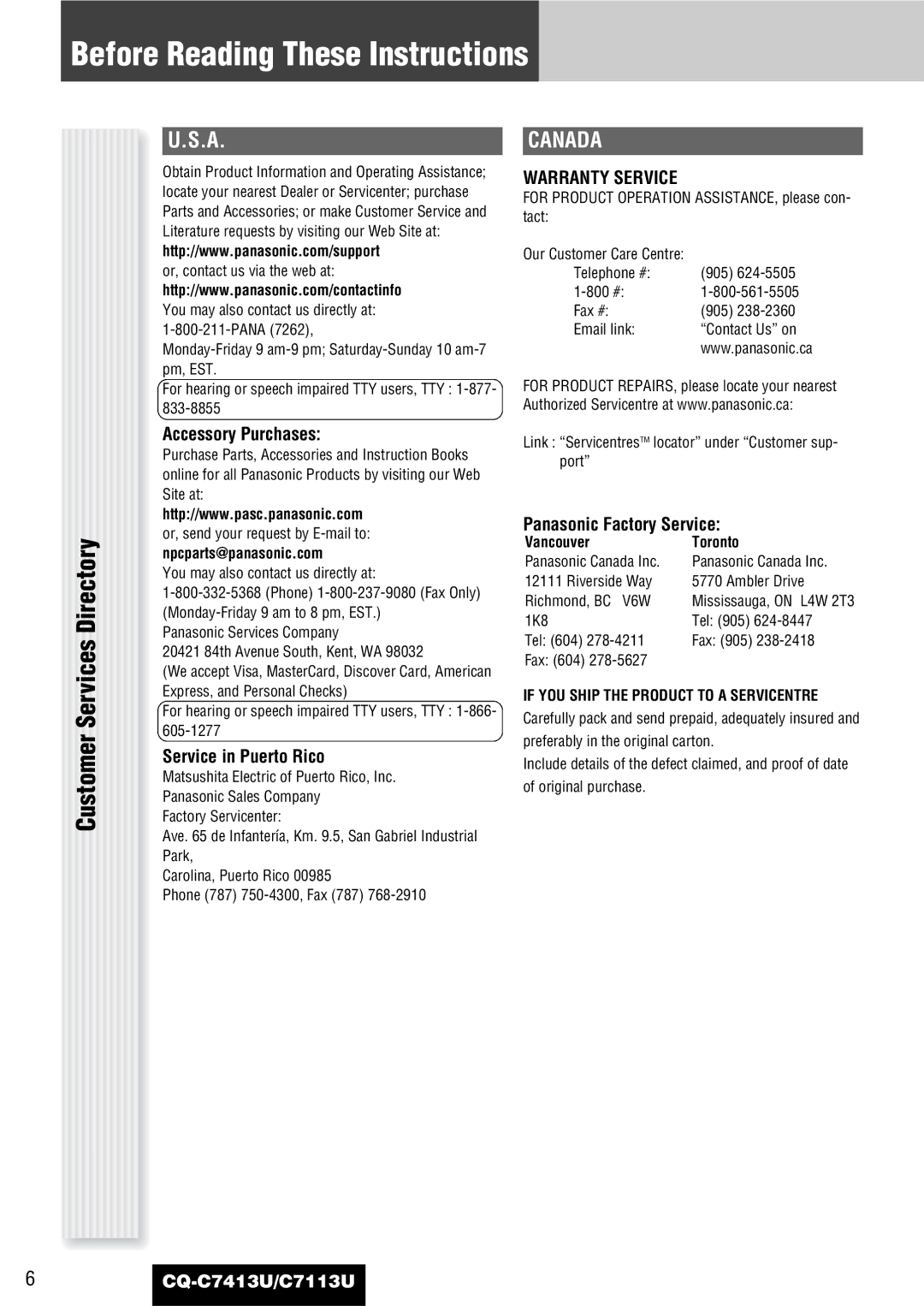 Panasonic CQ-C7413U, C7113U Customer Services Directory, Canada, Accessory Purchases, Service in Puerto Rico 