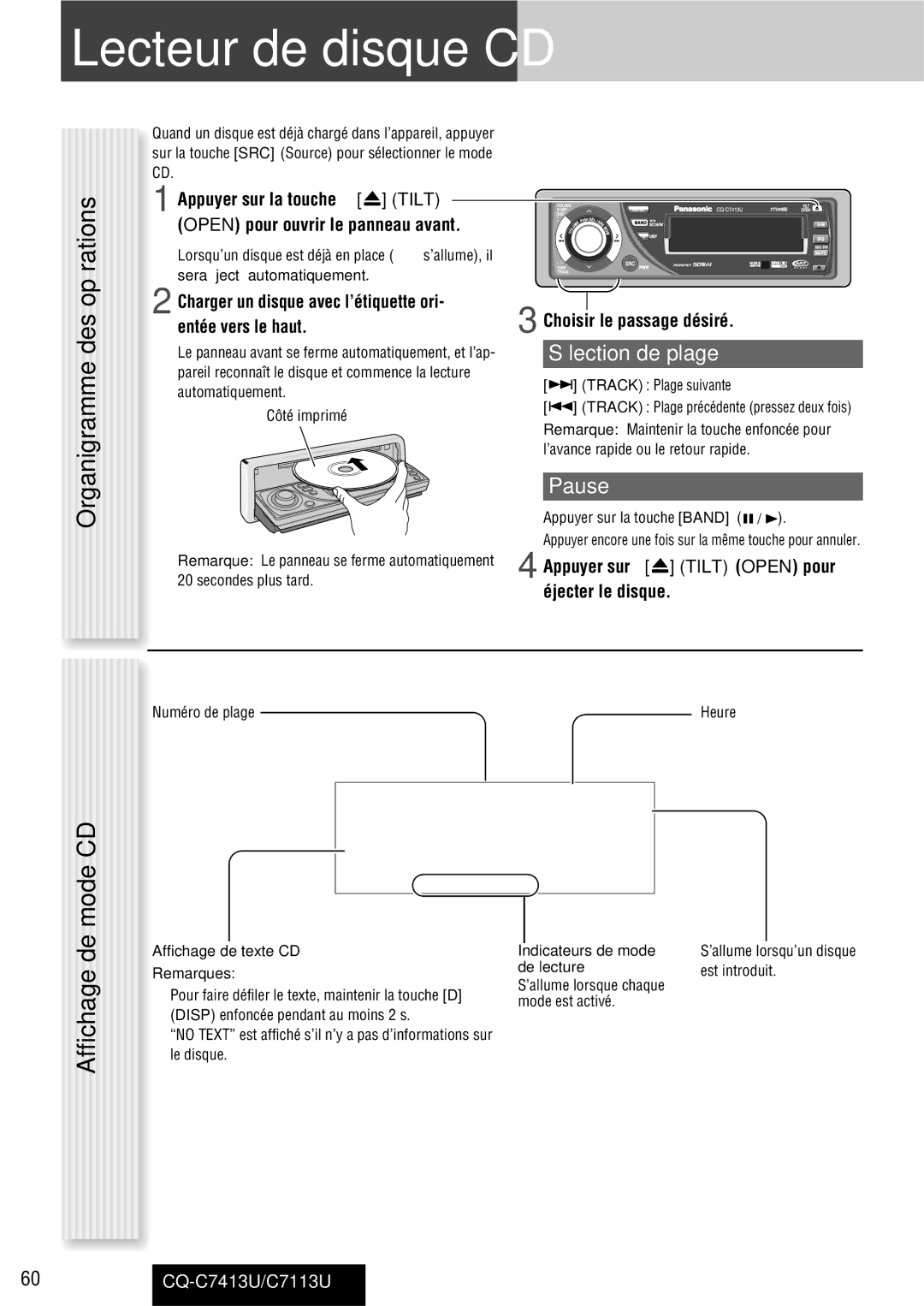 Panasonic CQ-C7413U, C7113U operating instructions Lecteur de disque CD, Affichage de mode CD, Sélection de plage 