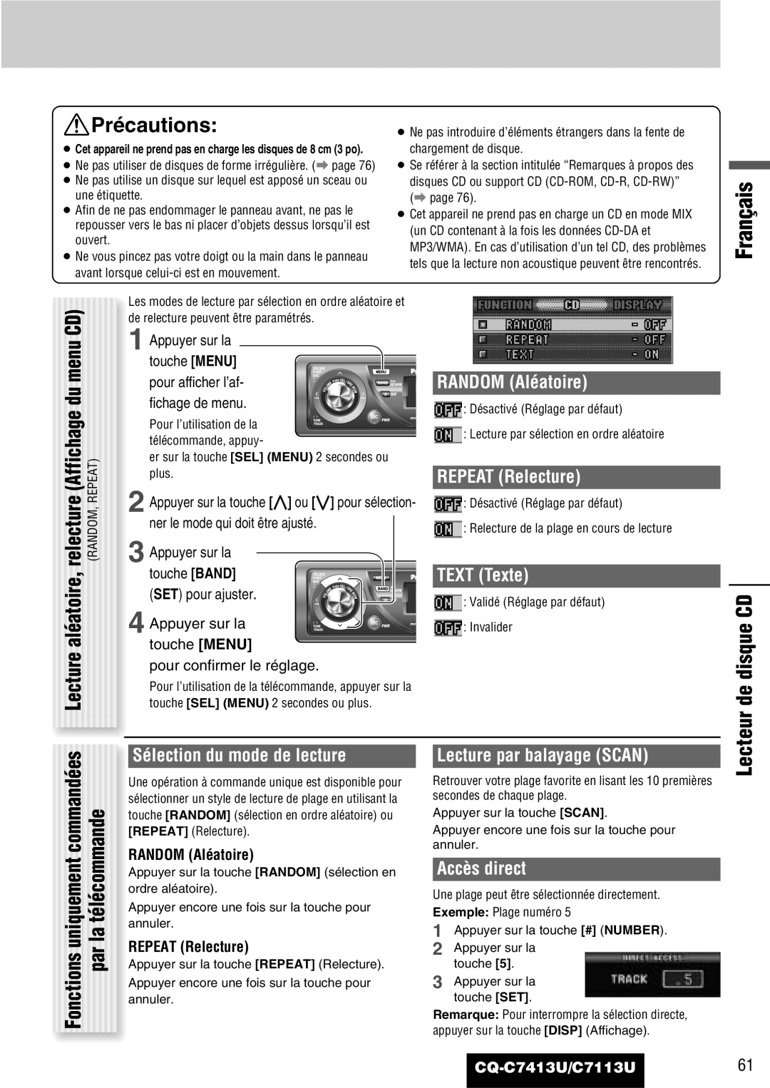 Panasonic C7113U, CQ-C7413U operating instructions Lecteur de disque CD 