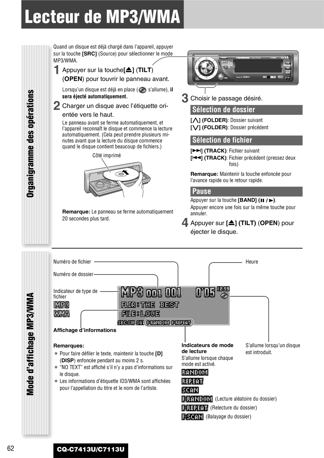 Panasonic CQ-C7413U, C7113U Lecteur de MP3/WMA, Mode d’affichage, Sélection de dossier, Sélection de fichier 