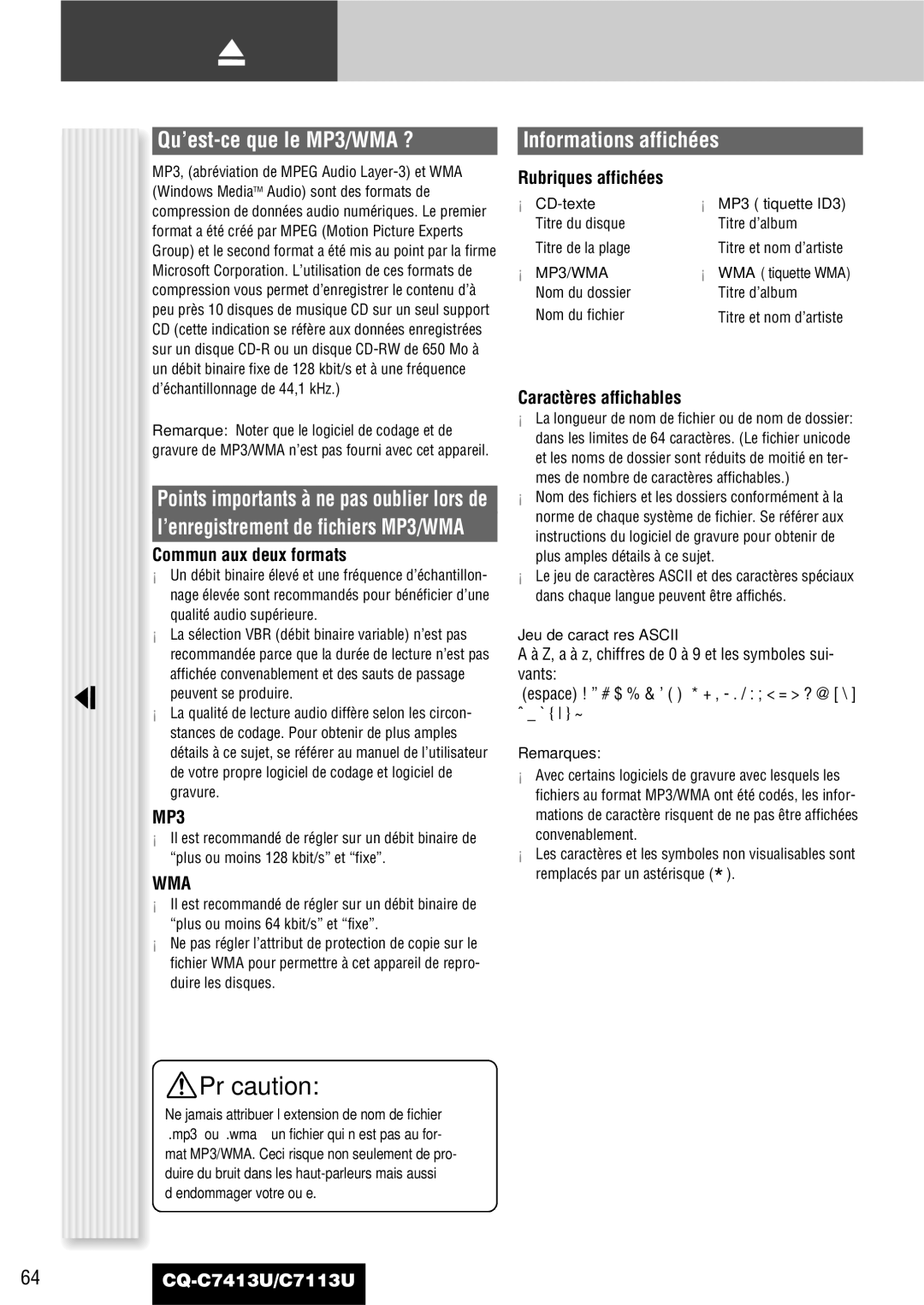 Panasonic CQ-C7413U, C7113U operating instructions Lecteur de MP3/WMA, Qu’est-ce que le MP3/WMA ?, Informations affichées 