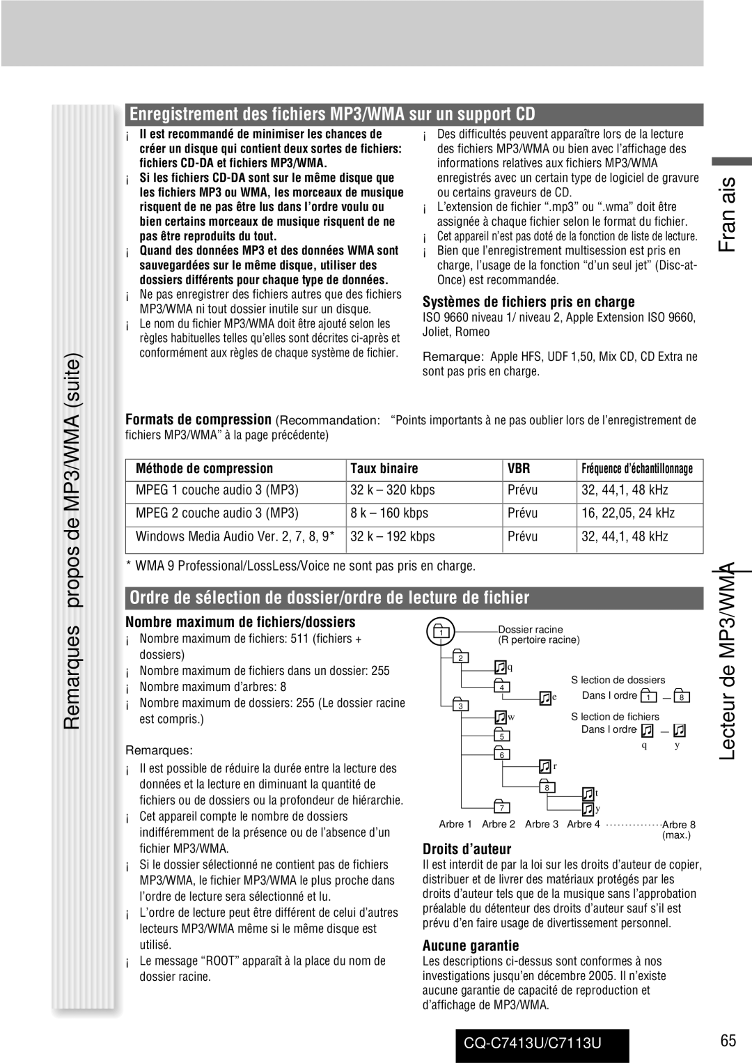 Panasonic C7113U, CQ-C7413U Enregistrement des fichiers MP3/WMA sur un support CD, Systèmes de fichiers pris en charge 