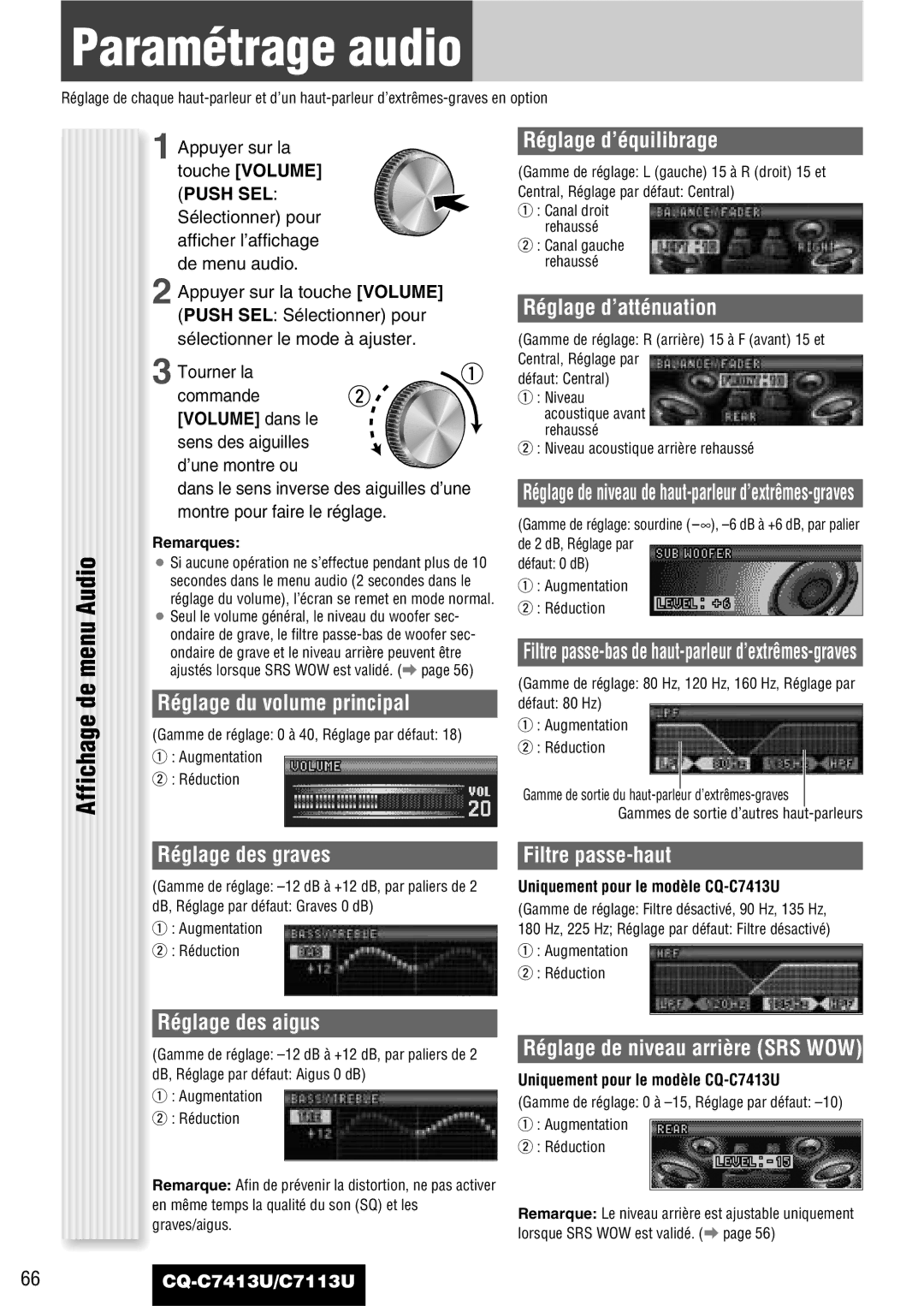 Panasonic CQ-C7413U, C7113U operating instructions Paramétrage audio, Affichage de menu Audio 