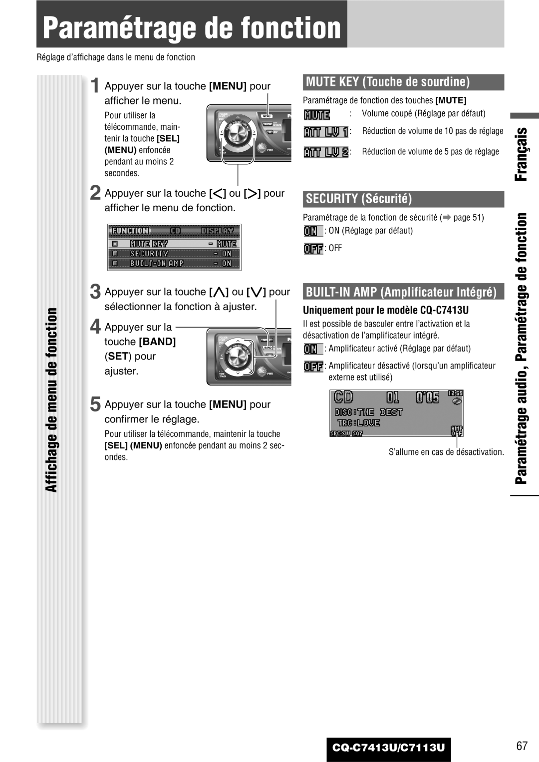 Panasonic C7113U Paramétrage de fonction, Affichage de menu de fonction, Mute KEY Touche de sourdine, Security Sécurité 