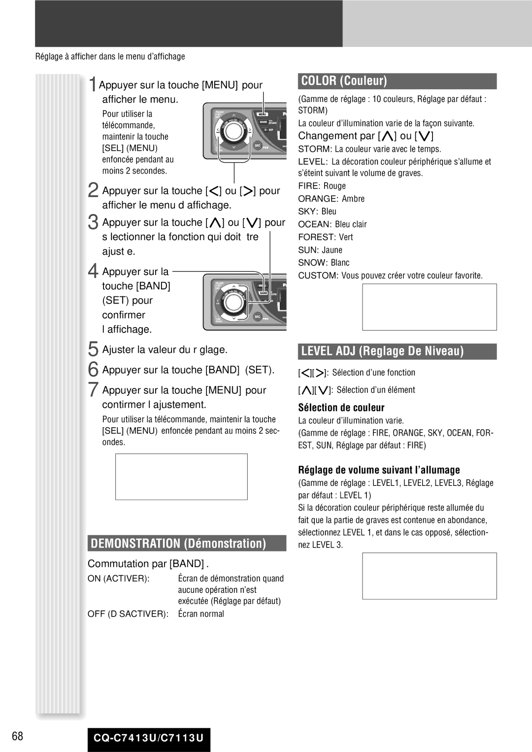 Panasonic CQ-C7413U Paramétrage d’affichage, Affichage de menu d’affichage, Color Couleur, Level ADJ Reglage De Niveau 