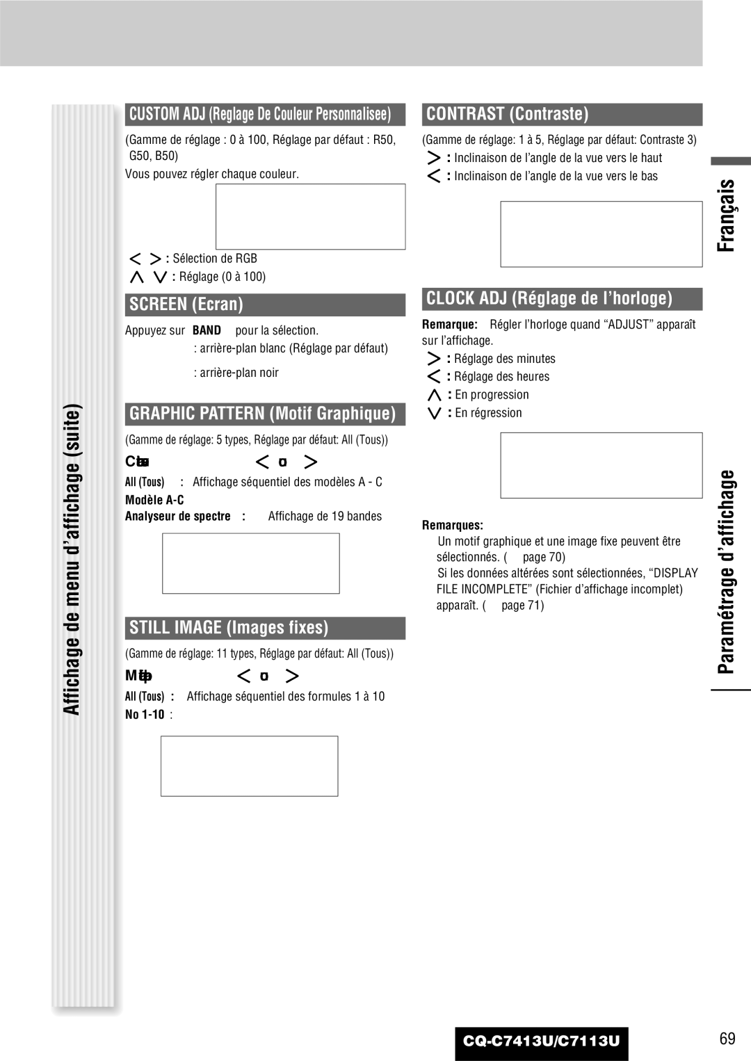 Panasonic C7113U, CQ-C7413U operating instructions ’affichage, Screen Ecran, Still Image Images fixes, Contrast Contraste 