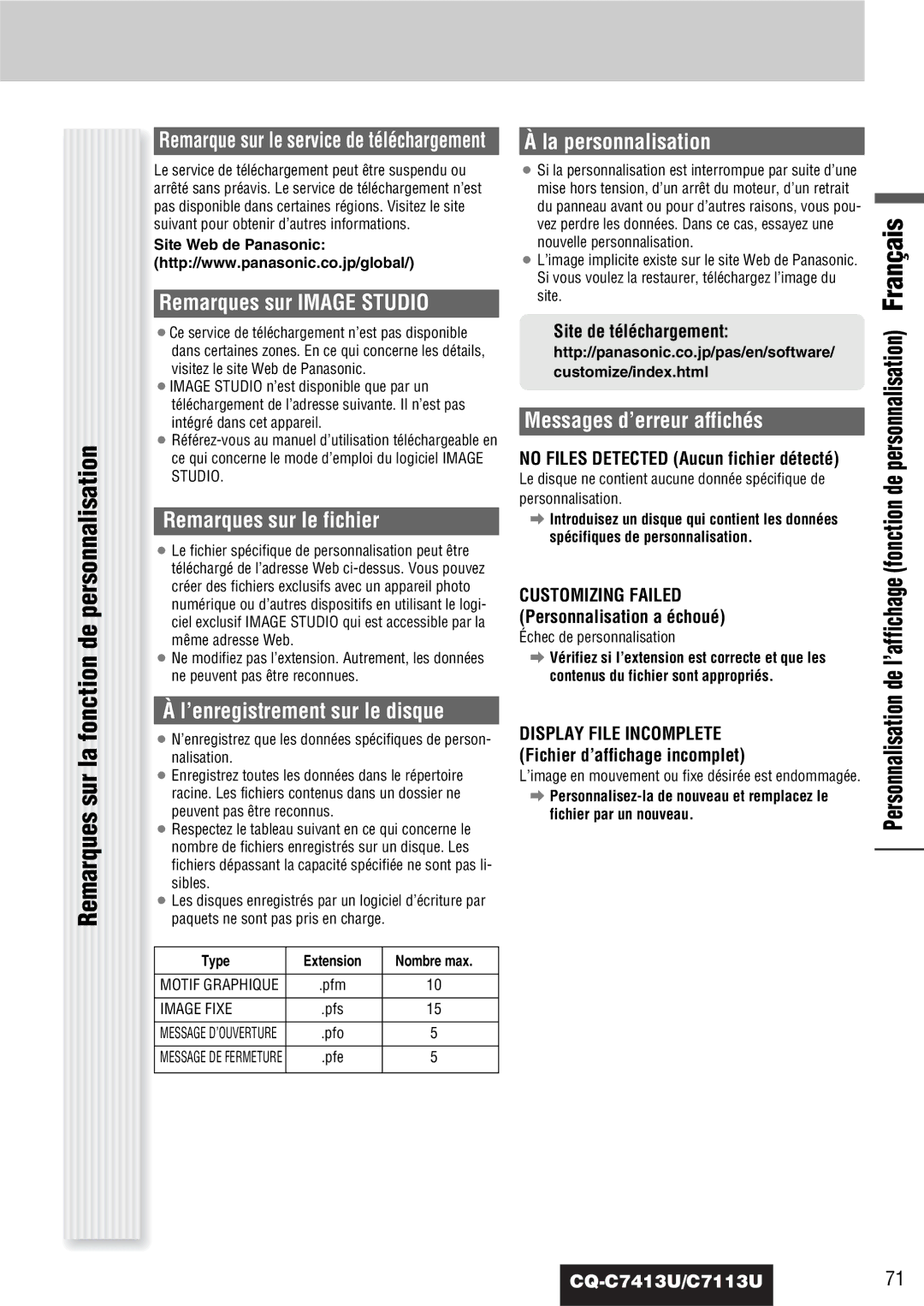 Panasonic C7113U, CQ-C7413U operating instructions Fonction de personnalisation, Remarques sur la 