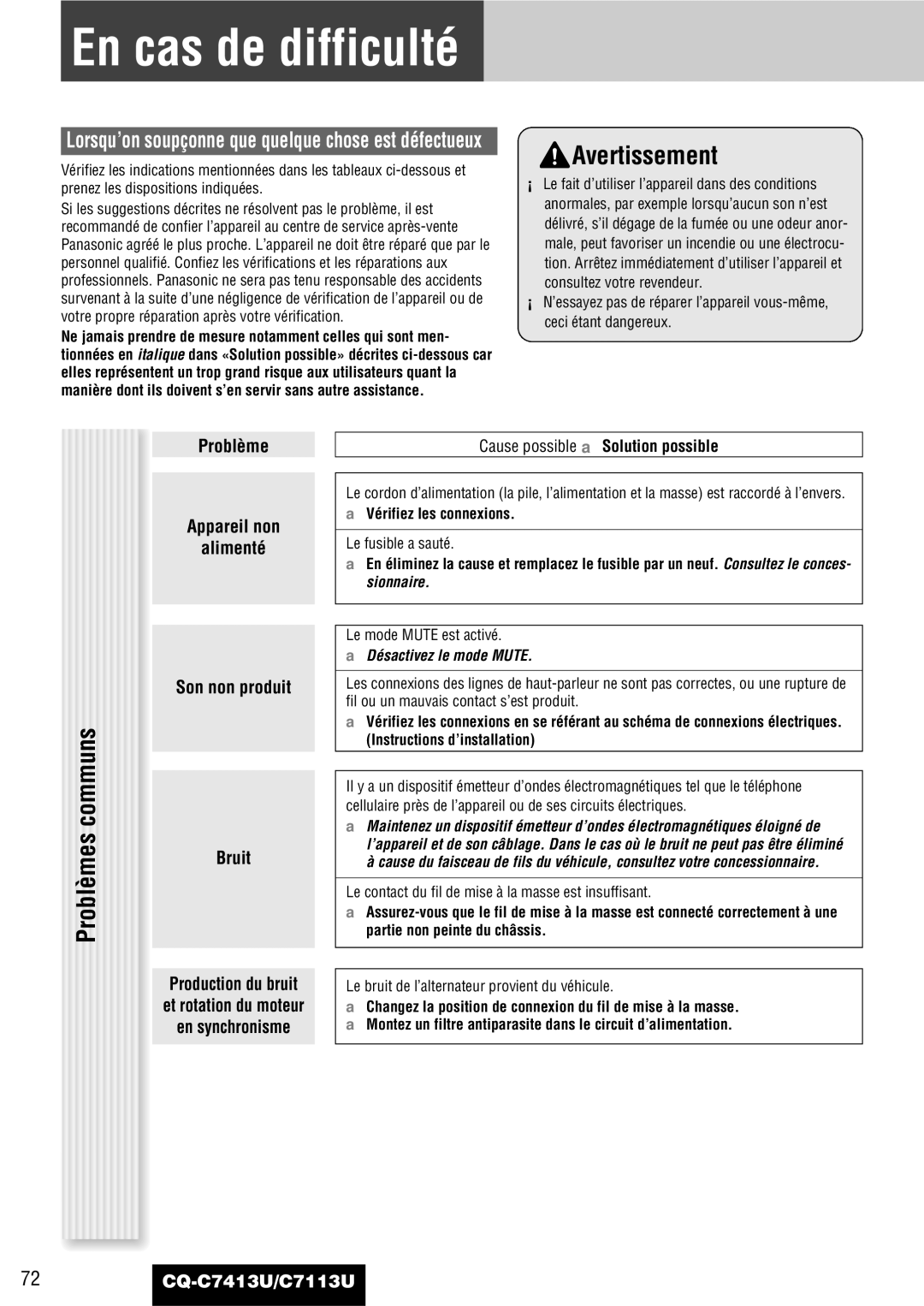 Panasonic CQ-C7413U, C7113U En cas de difficulté, Problèmes communs, Problème Appareil non Alimenté Son non produit Bruit 