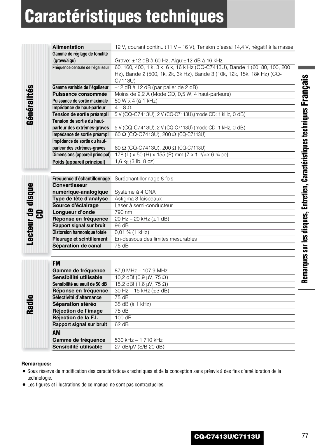 Panasonic C7113U, CQ-C7413U operating instructions Caractéristiques techniques, Généralités De disque 