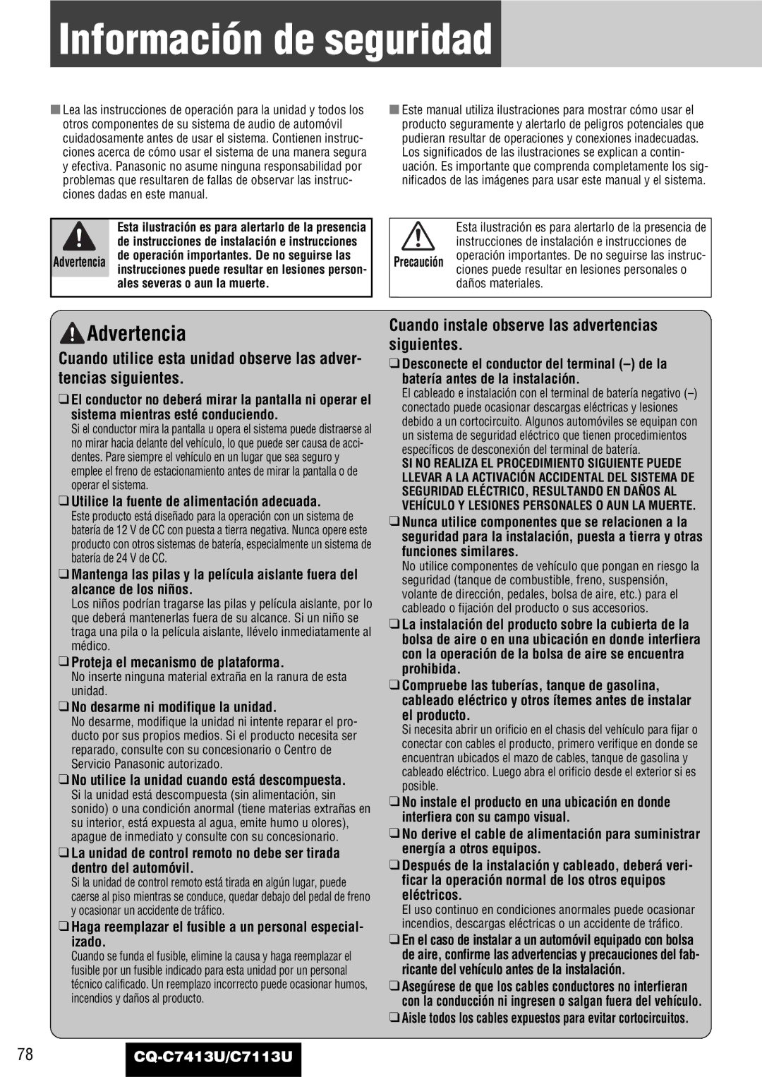 Panasonic CQ-C7413U, C7113U operating instructions Información de seguridad, Advertencia 