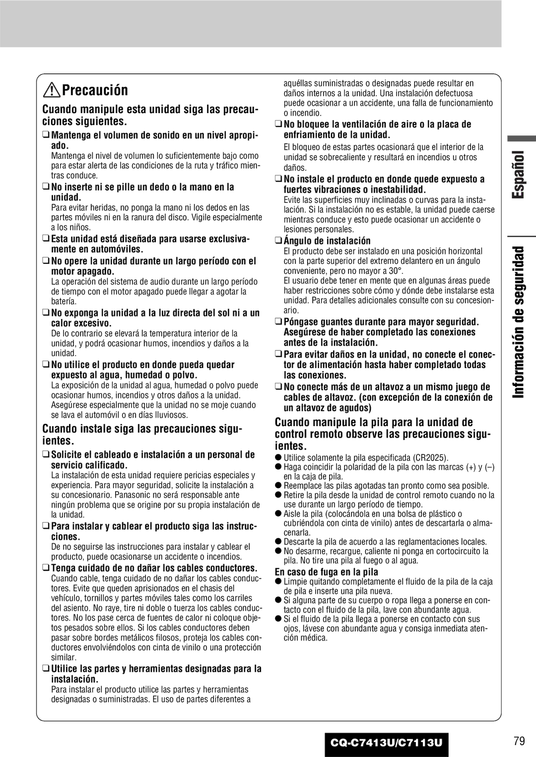 Panasonic C7113U, CQ-C7413U operating instructions Precaución, Información de seguridad 