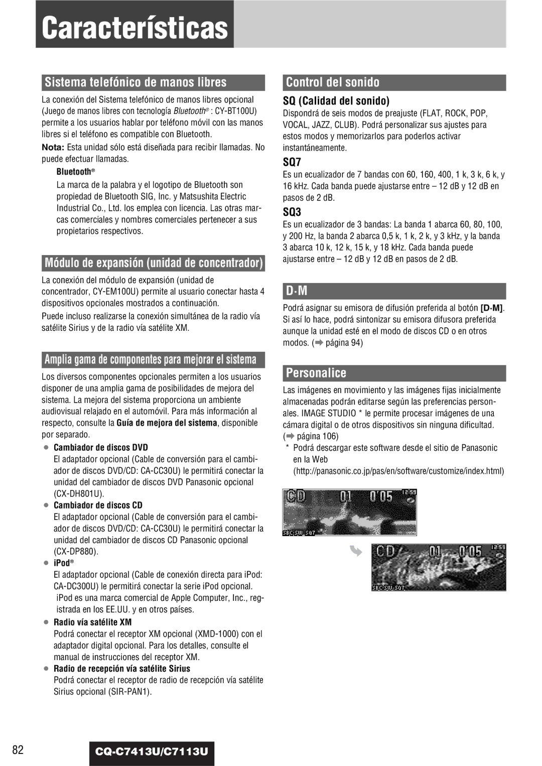 Panasonic CQ-C7413U, C7113U Características, Sistema telefónico de manos libres, Control del sonido, Personalice 