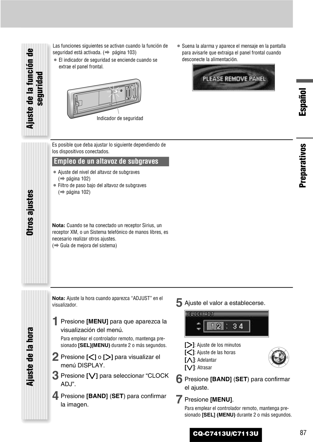 Panasonic C7113U, CQ-C7413U operating instructions De la función de Seguridad, Otros ajustes, Preparativos Ajuste de la hora 