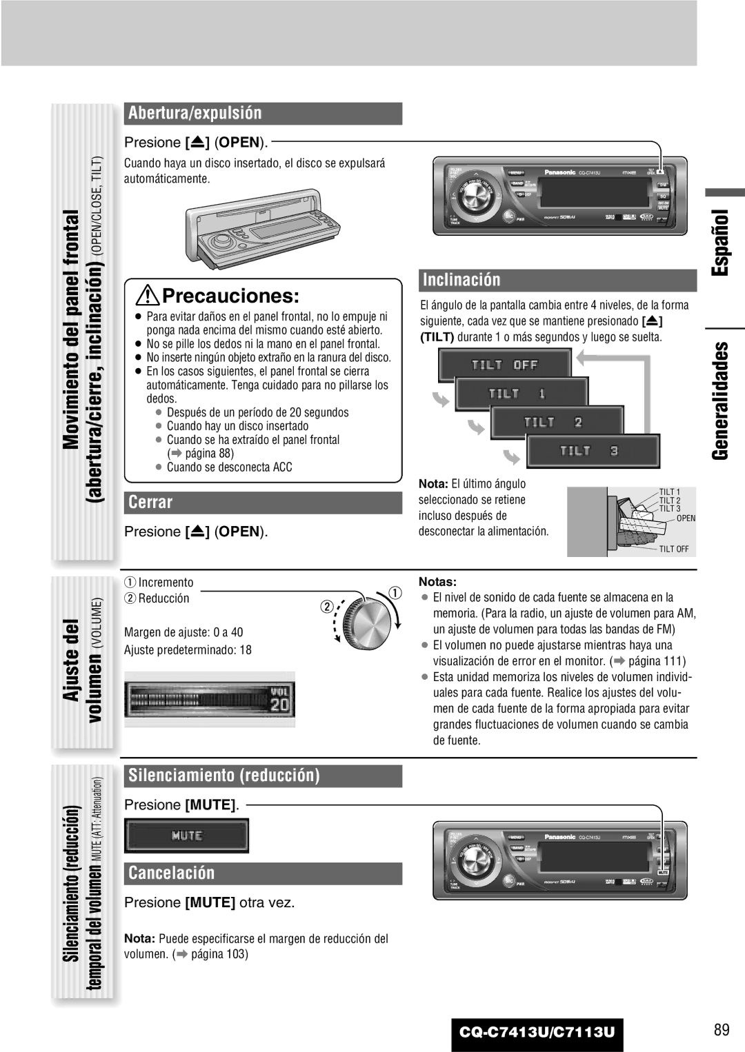 Panasonic C7113U, CQ-C7413U operating instructions Ajuste del volumen Volume 