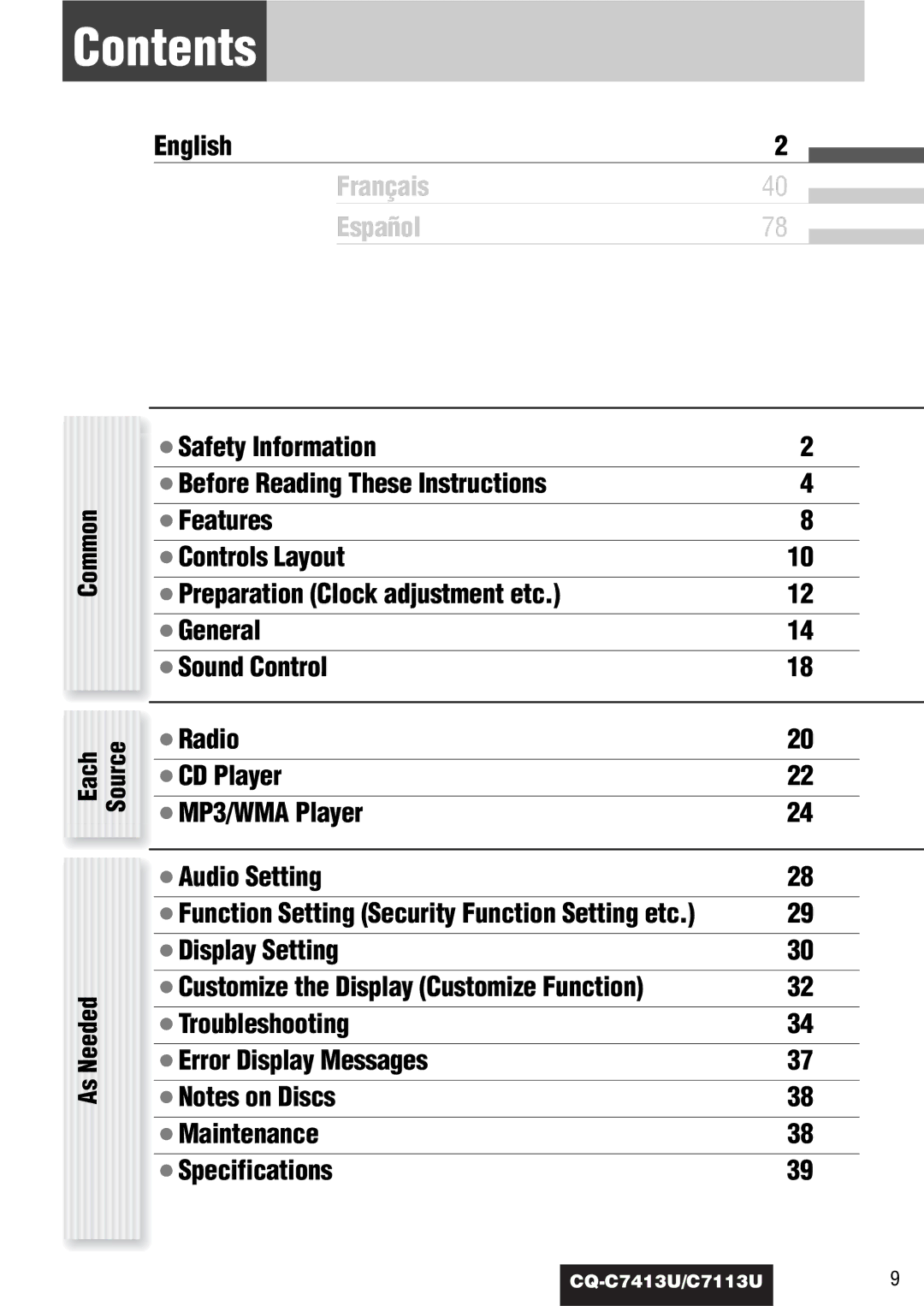 Panasonic C7113U, CQ-C7413U operating instructions Contents 