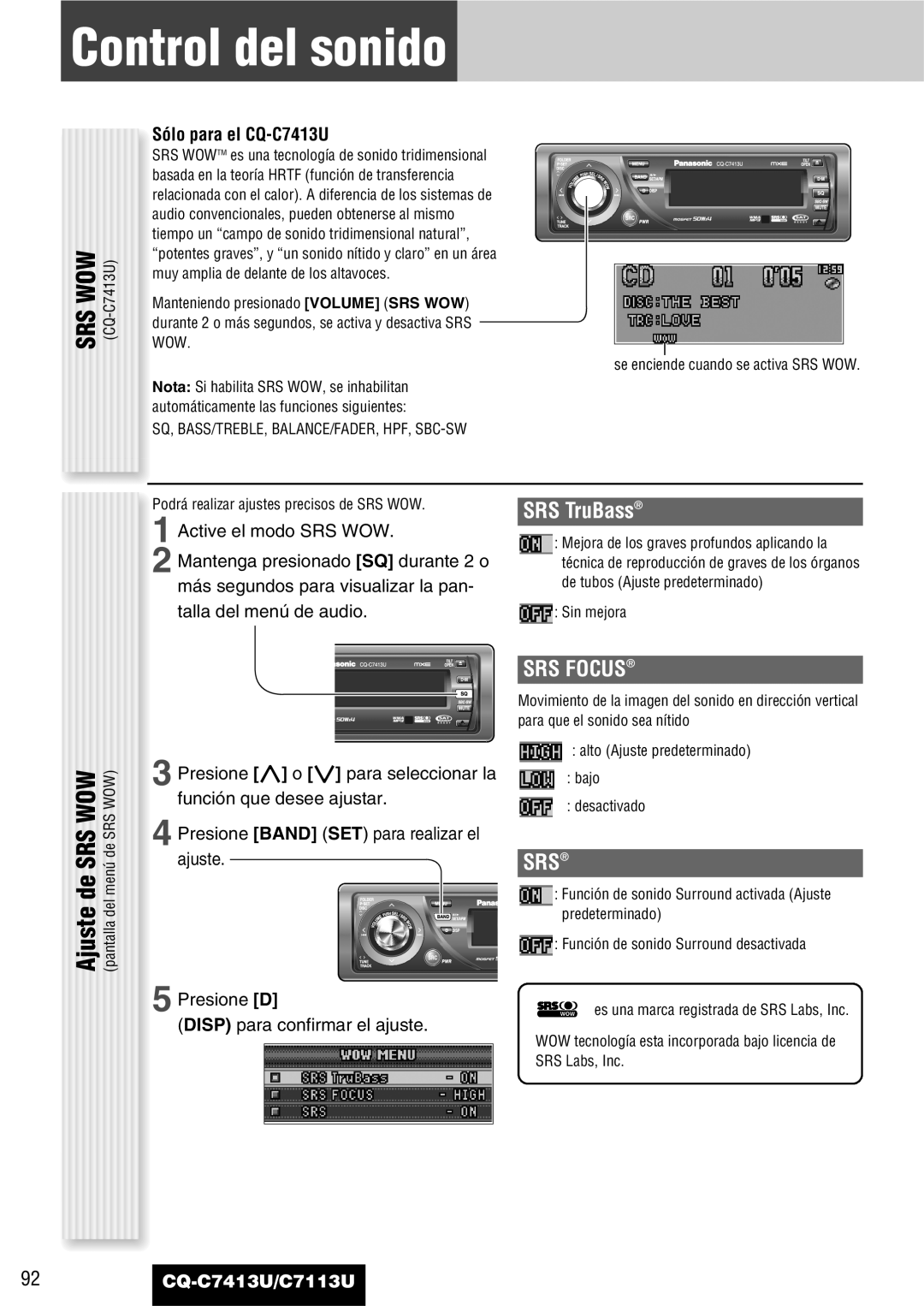 Panasonic C7113U operating instructions Control del sonido, Sólo para el CQ-C7413U 