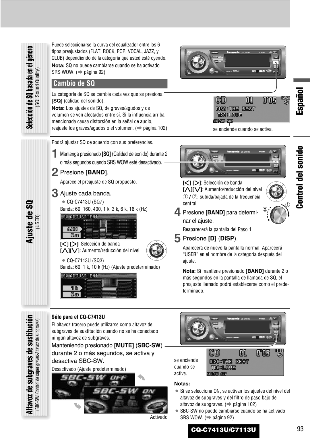 Panasonic C7113U, CQ-C7413U operating instructions Del sonido, Ajuste de, Cambio de SQ 