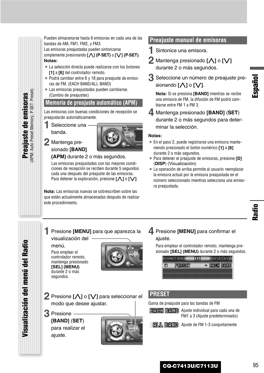 Panasonic C7113U, CQ-C7413U De emisoras, Radio Del menú del Radio, Visualización, Preajuste manual de emisoras 