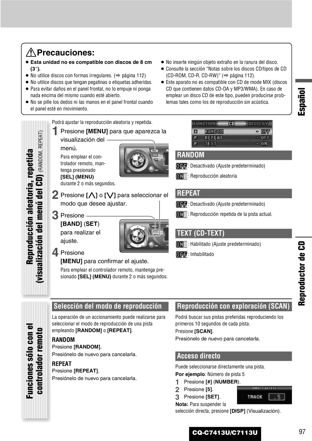 Panasonic C7113U, CQ-C7413U operating instructions Reproductor de CD, Acceso directo, Band SET 