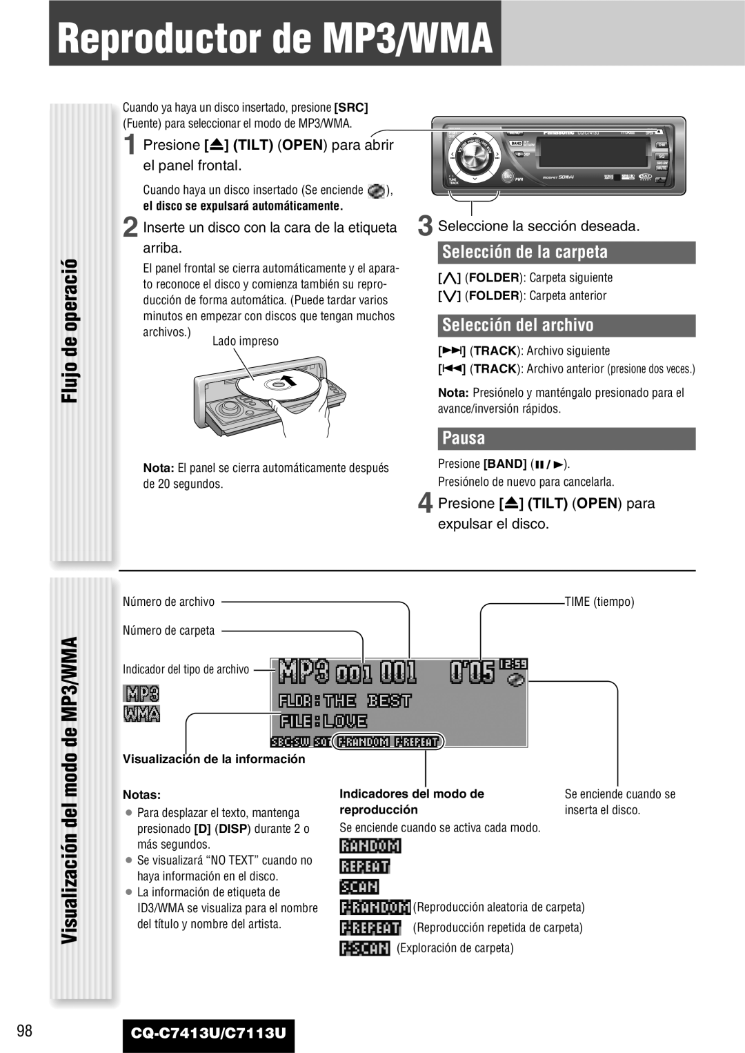 Panasonic CQ-C7413U, C7113U Reproductor de MP3/WMA, Flujo de operació De MP3/WMA, Visualización del modo 