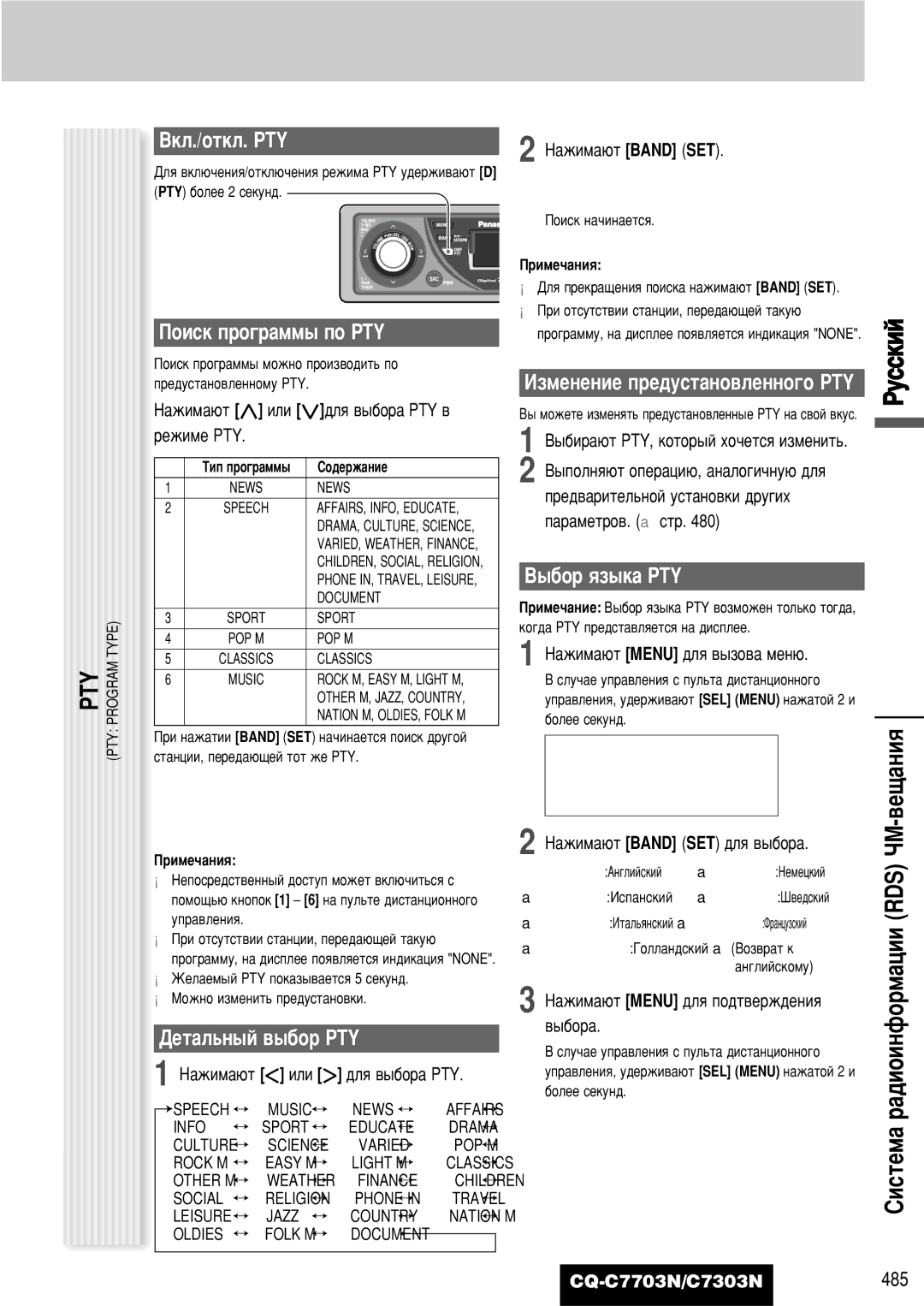 Panasonic CQ-C7703N operating instructions ‚Â˘‡ÌËﬂ, Çíî./Óúíî. Pty, Ñâú‡Î¸Ì˚È ‚˚·Ó Pty 