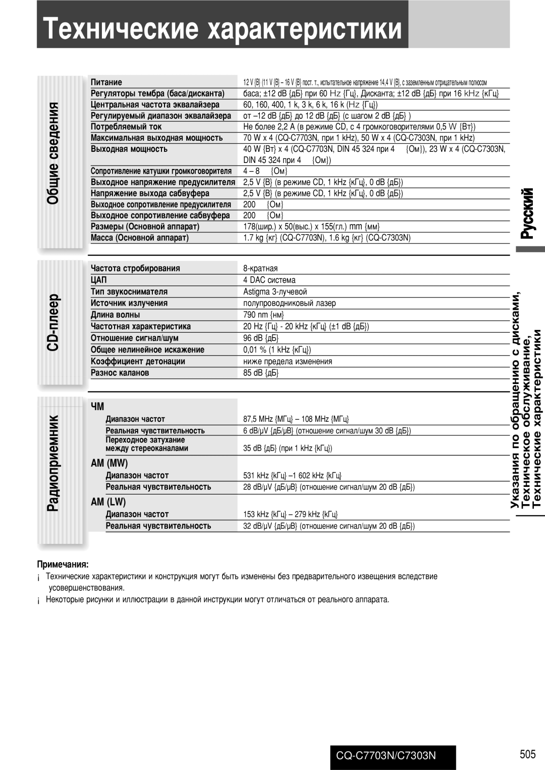 Panasonic CQ-C7703N operating instructions ÍÂıÌË˜ÂÒÍËÂ ı‡‡ÍÚÂËÒÚËÍË, ·˘ËÂ Ò‚Â‰ÂÌËﬂ, Cd-Ôîââ ‡‰Ëóôëâïìëí, Am Mw, Am Lw 