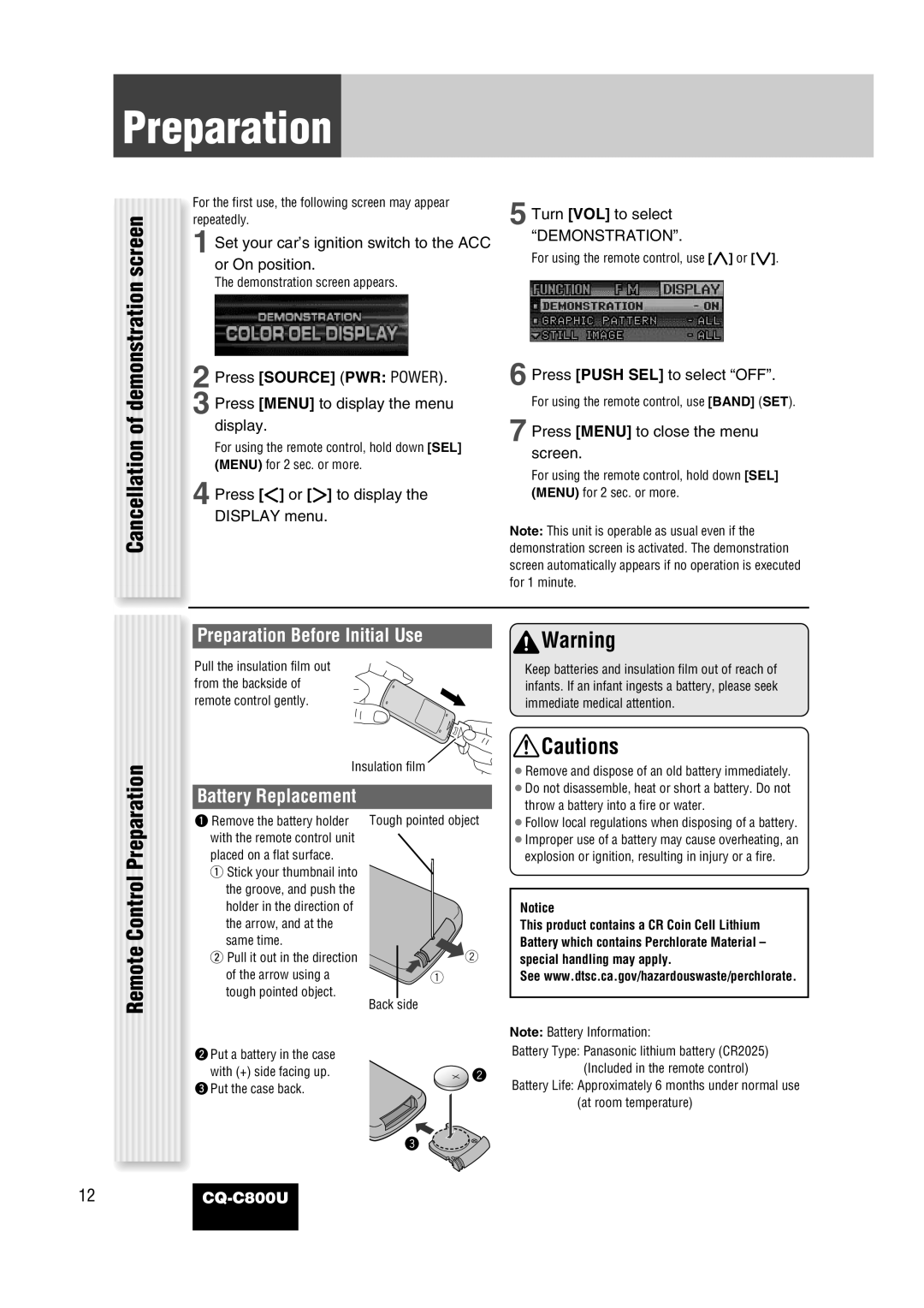 Panasonic CQ-C800U operating instructions Preparation Before Initial Use, Remote Control Preparation 