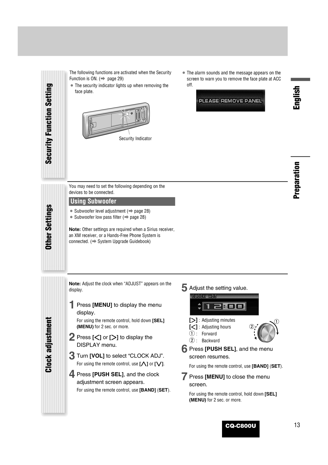 Panasonic CQ-C800U operating instructions Security Function Setting, Other Settings, Clock adjustment, Using Subwoofer 