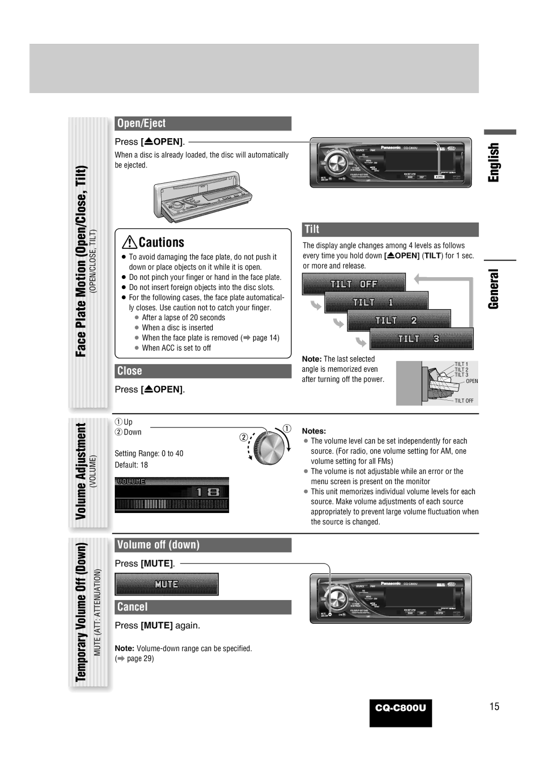 Panasonic CQ-C800U operating instructions Motion Open/Close, Tilt, Face Plate Volume Adjustment Volume 