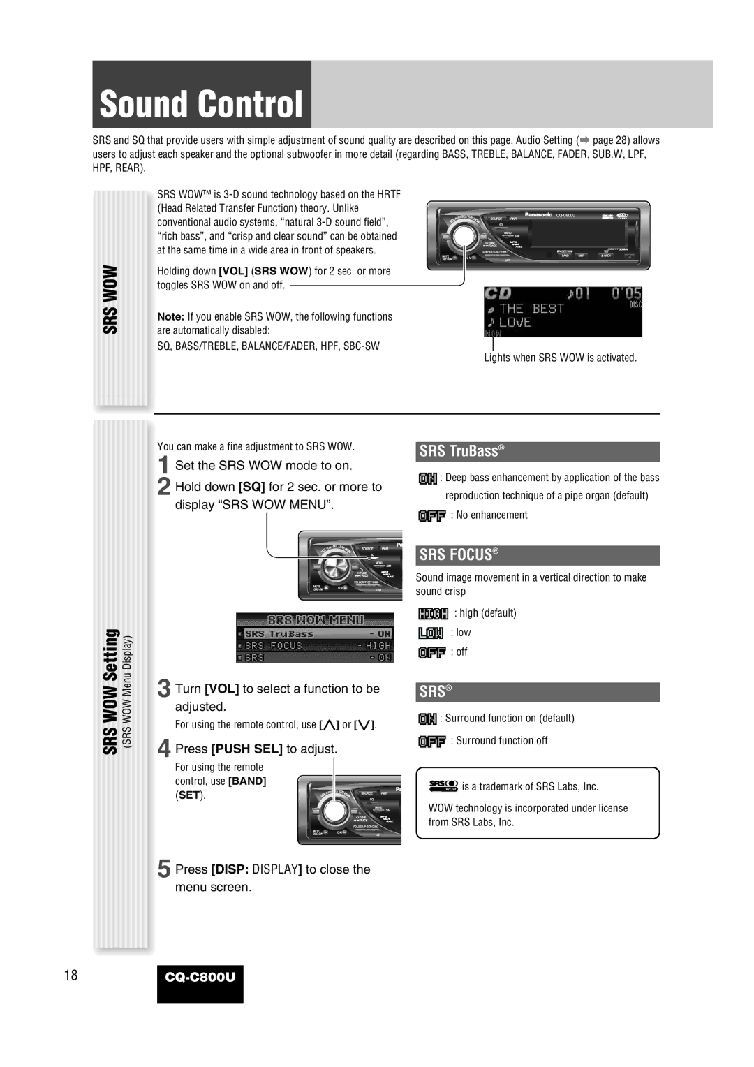 Panasonic CQ-C800U operating instructions Sound Control, Setting, SRS TruBass, SRS Focus, Srs 