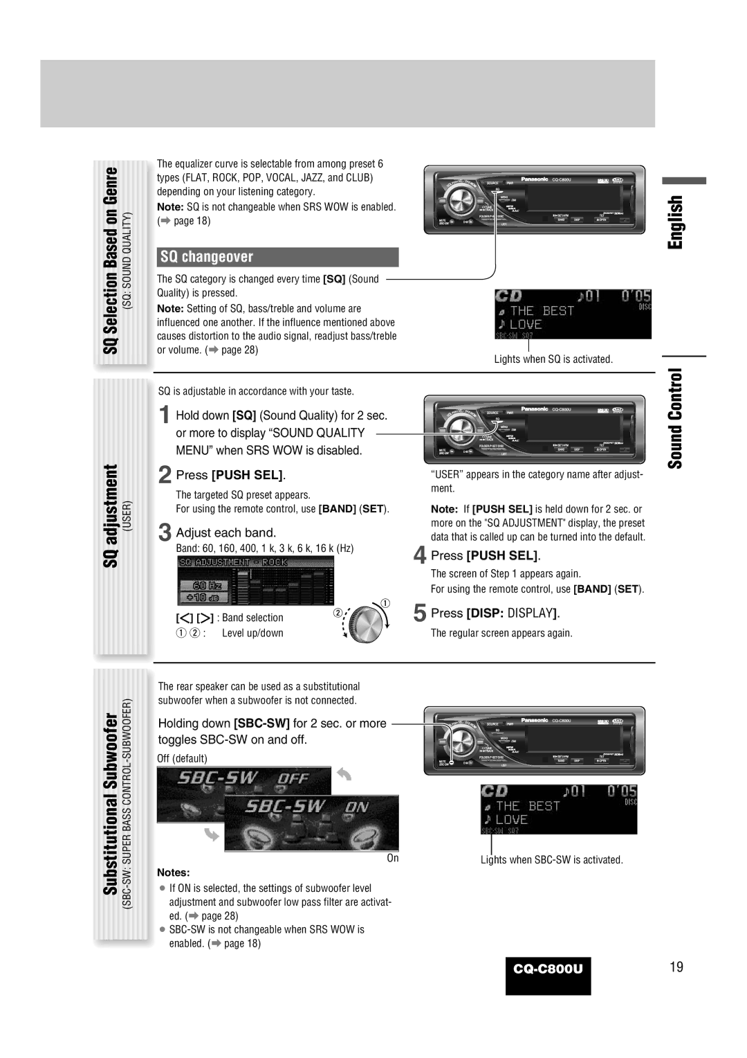 Panasonic CQ-C800U Adjustment, Sound Control Substitutional Subwoofer, Selection, SQ changeover, Press Push SEL 