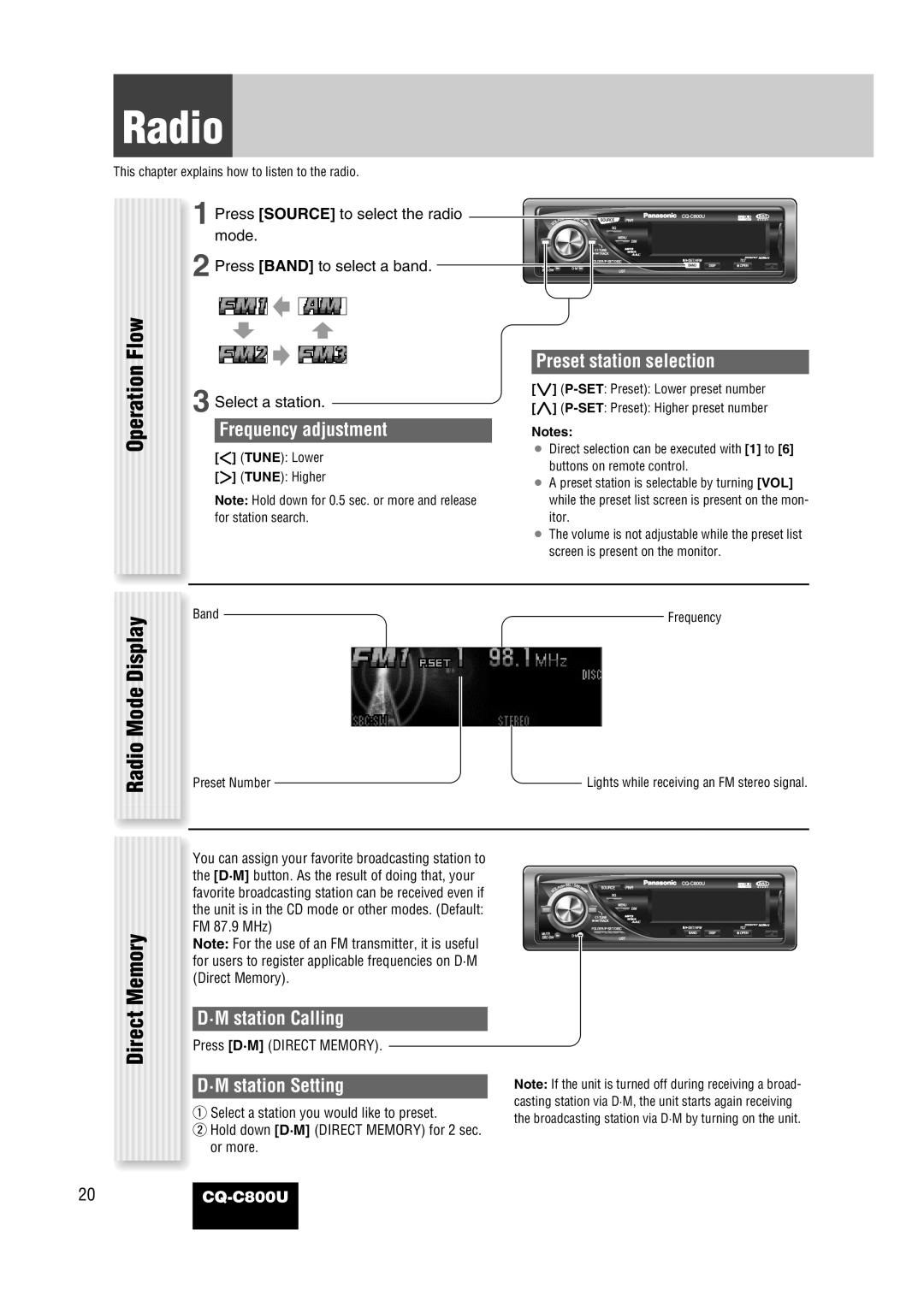 Panasonic CQ-C800U operating instructions Radio, Flow, Mode Display, Direct Memory 