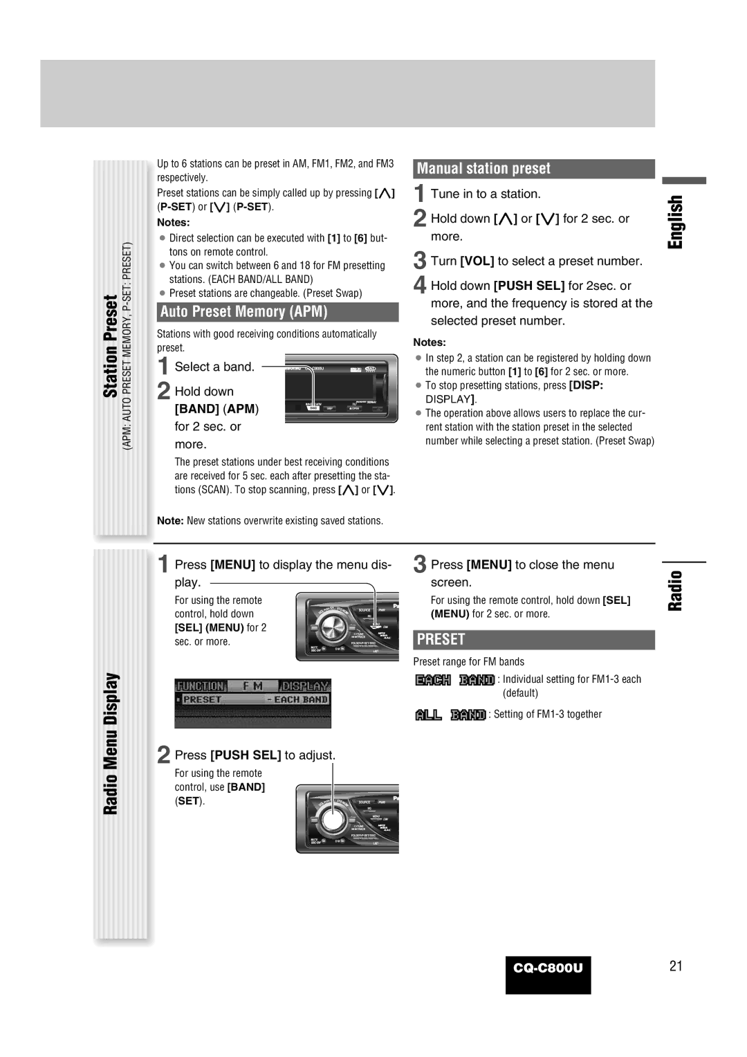 Panasonic CQ-C800U operating instructions Station, Display, Radio Menu, Preset 