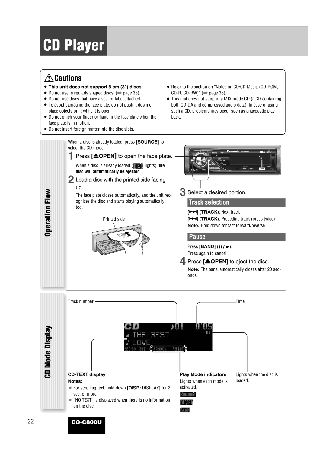 Panasonic CQ-C800U operating instructions Operation Flow, Track selection, Pause 