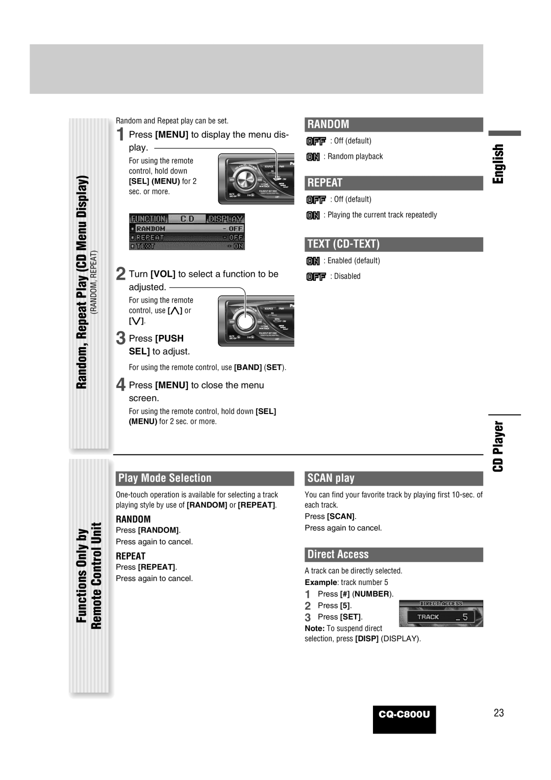 Panasonic CQ-C800U operating instructions Repeat Play CD Menu Display, CD Player, Random, Functions Only by 