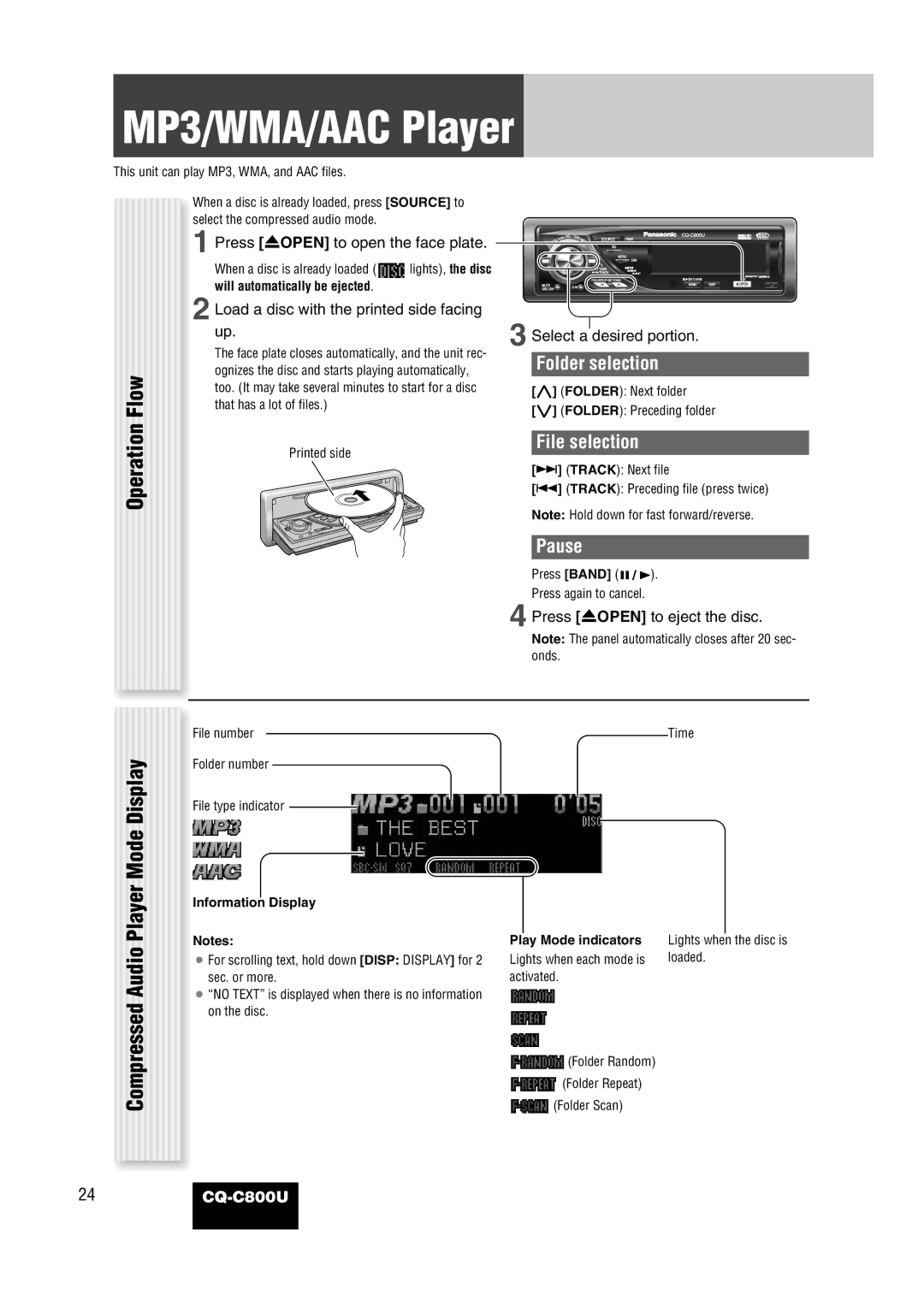 Panasonic CQ-C800U operating instructions MP3/WMA/AAC Player, Mode Display, Folder selection, File selection 