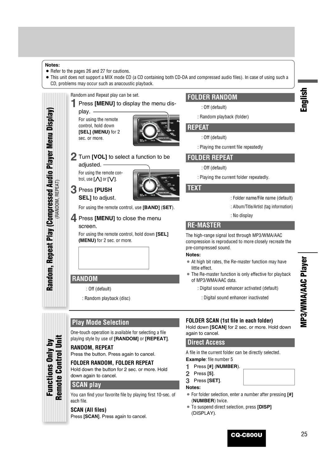 Panasonic CQ-C800U operating instructions Functions Only by Remote Control Unit, MP3/WMA/AAC Player, Text, Scan All files 