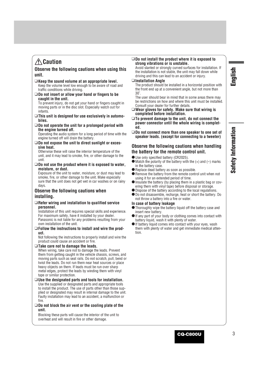 Panasonic CQ-C800U operating instructions Safety Information 