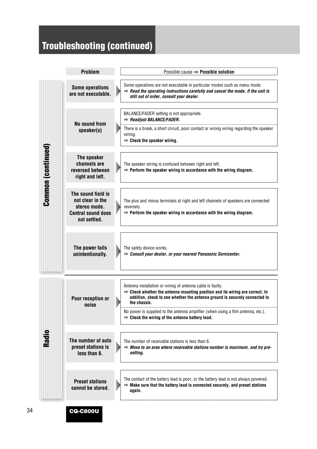 Panasonic CQ-C800U operating instructions Check the speaker wiring, Check the wiring of the antenna battery lead 