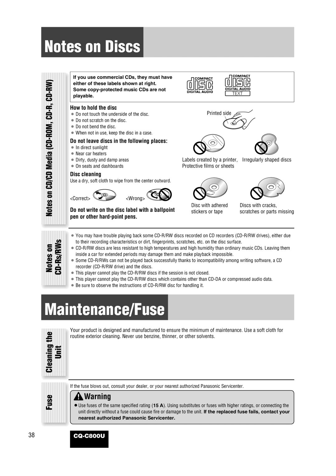 Panasonic CQ-C800U Maintenance/Fuse, Cleaning Unit Fuse, How to hold the disc, Disc cleaning, Pen or other hard-point pens 